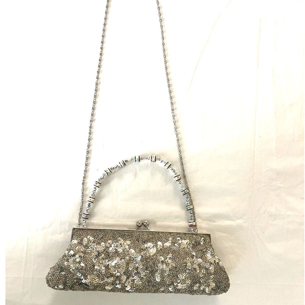 Vintage Sequin MicroBead Bag Crossbody Handbag Party Formal Dressy Silver Clutch